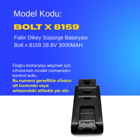 Fakir Dikey Süpürge Bataryası Bolt x 8159 28.8V 3000MAH - Orjinal Uyumlu Uzun Ömürlü, Yüksek Performans Pil