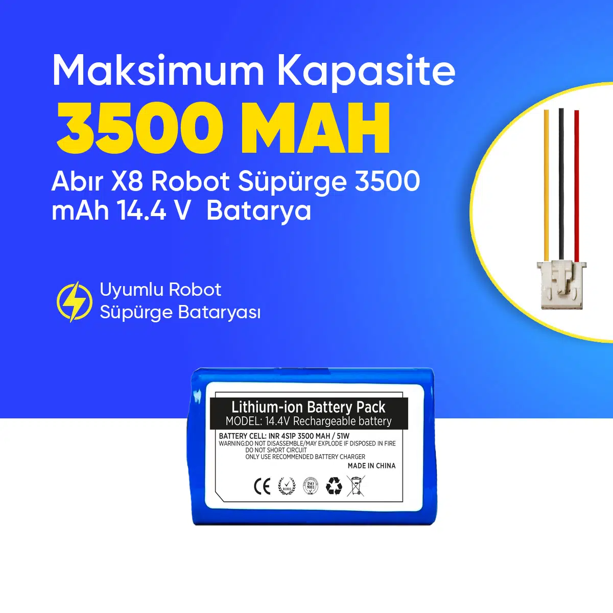 Abır X8 Robot Süpürge 3500 mAh 14.4 V Batarya – Orjinal Uyumlu Uzun Ömürlü, Yüksek Performans Pil
