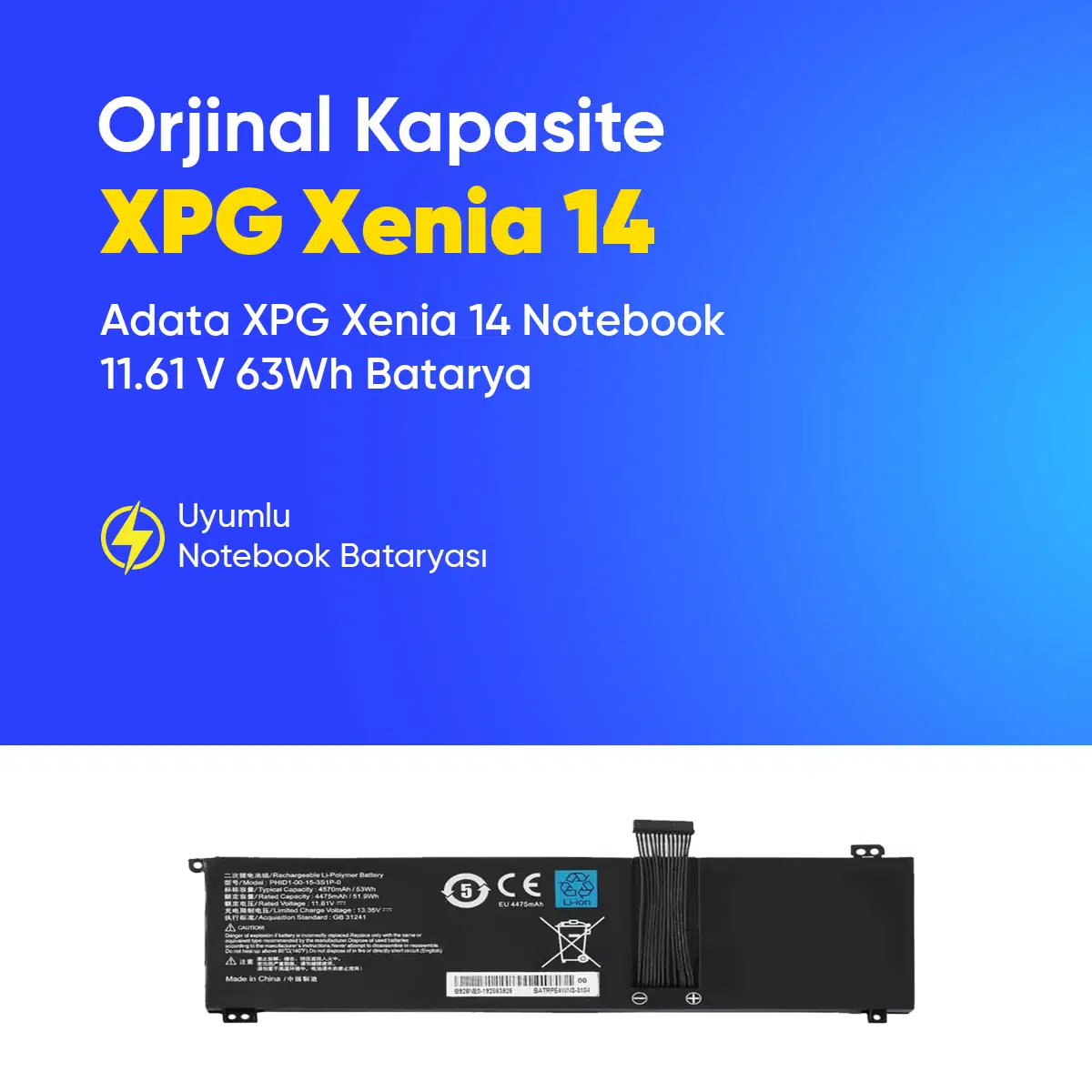 Adata XPG Xenia 14 Notebook 11.61 V 63Wh Batarya – Orjinal Uyumlu, Yüksek Performanslı