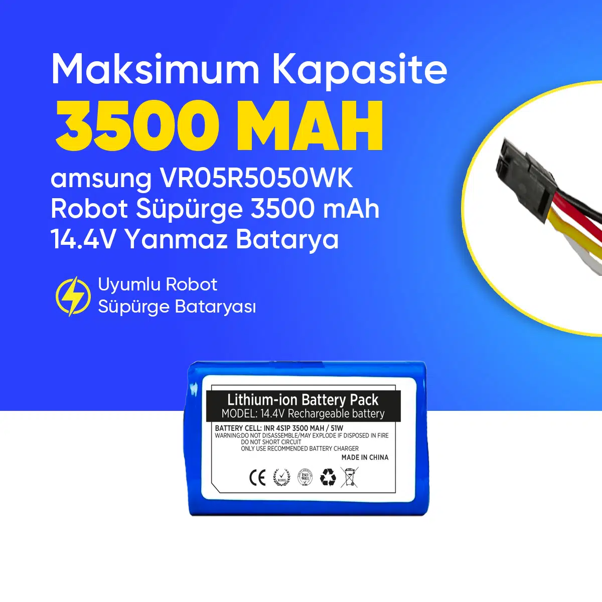 Samsung VR05R5050WK Robot Süpürge 3500 mAh 14.4V Yanmaz Batarya – Orjinal Uyumlu Uzun Ömürlü, Yüksek Performans Pil