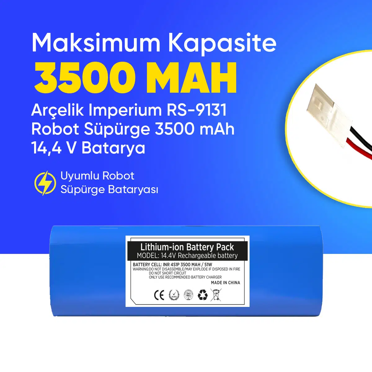 Arçelik Imperium RS-9131 Robot Süpürge 3500 mAh 14,4 V Batarya – Orjinal Uyumlu Uzun Ömürlü, Yüksek Performans Pil