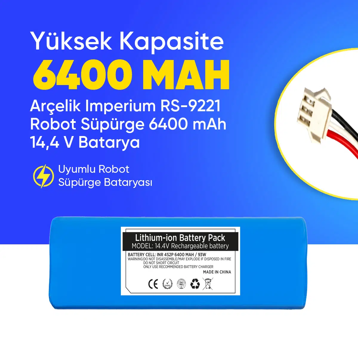 Arçelik Imperium RS-9221 Robot Süpürge 6400 mAh 14,4 V Batarya – Orjinal Uyumlu Uzun Ömürlü, Yüksek Performans Pil