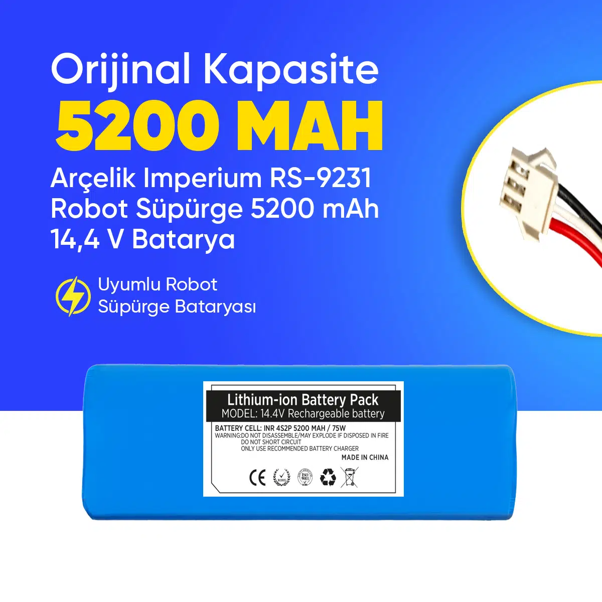 Arçelik Imperium RS-9231 Robot Süpürge 5200 mAh 14,4 V Batarya – Orjinal Uyumlu Uzun Ömürlü, Yüksek Performans Pil