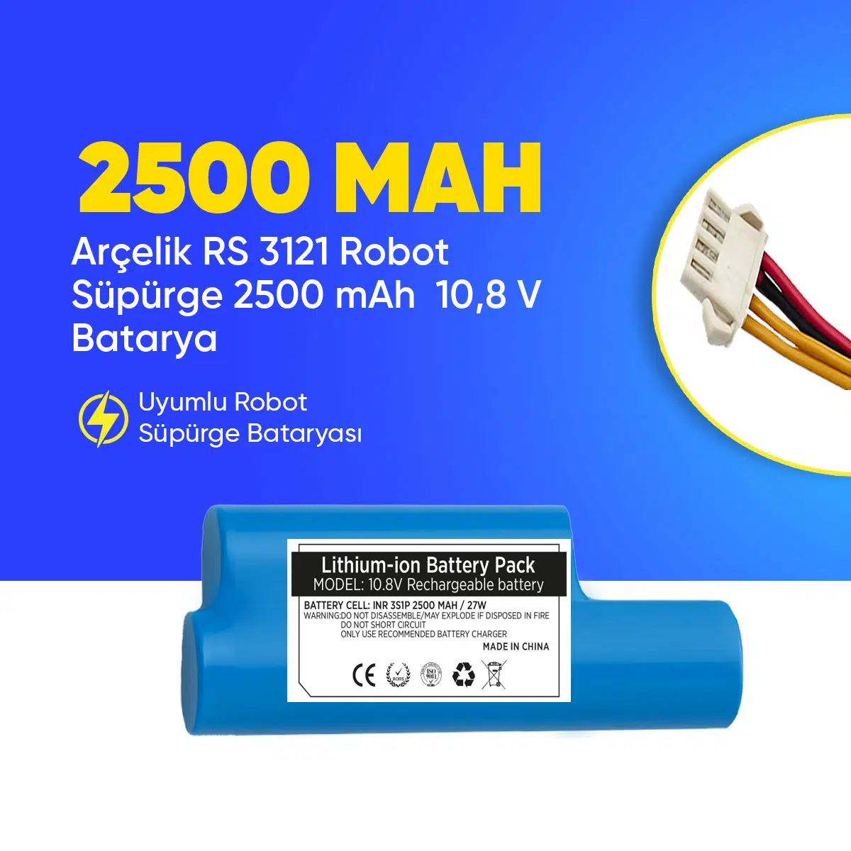 Arçelik RS 3121 Robot Süpürge 2500 mAh 10,8 V Batarya – Orjinal Uyumlu Uzun Ömürlü, Yüksek Performans Pil