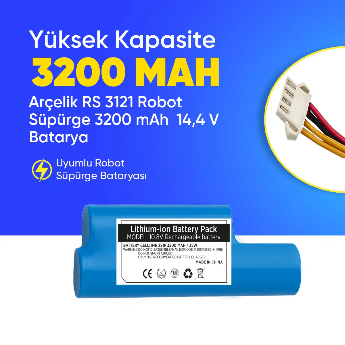 Arçelik RS 3121 Robot Süpürge 3200 mAh 14,4 V Batarya – Orjinal Uyumlu Uzun Ömürlü, Yüksek Performans Pil