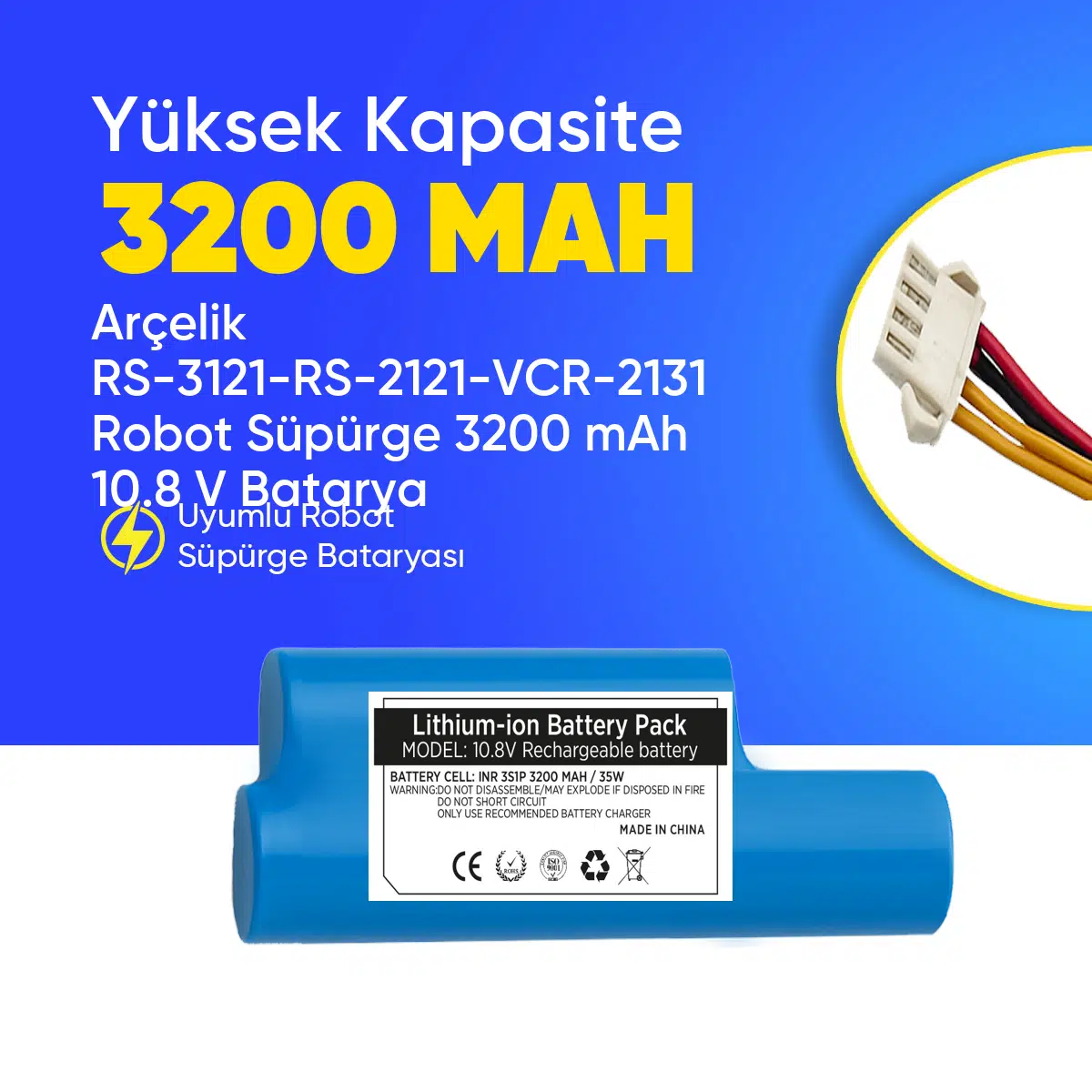 Arçelik RS-3121-RS-2121-VCR-2131 Robot Süpürge 3200 mAh 10.8 V Batarya – Orjinal Uyumlu Uzun Ömürlü, Yüksek Performans Pil