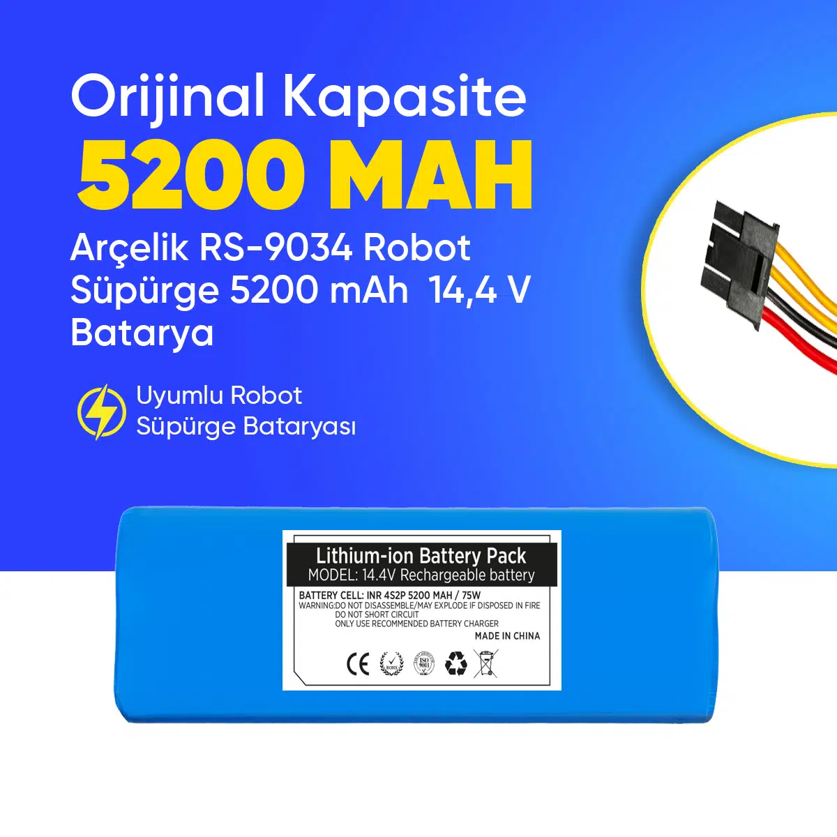 Arçelik RS-9034 Robot Süpürge 5200 mAh 14,4 V Batarya – Orjinal Uyumlu Uzun Ömürlü, Yüksek Performans Pil