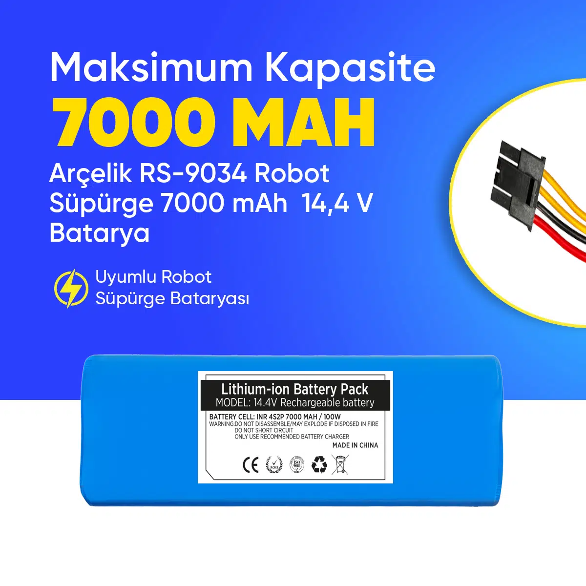 Arçelik RS-9034 Robot Süpürge 7000 mAh 14,4 V Batarya – Orjinal Uyumlu Uzun Ömürlü, Yüksek Performans Pil