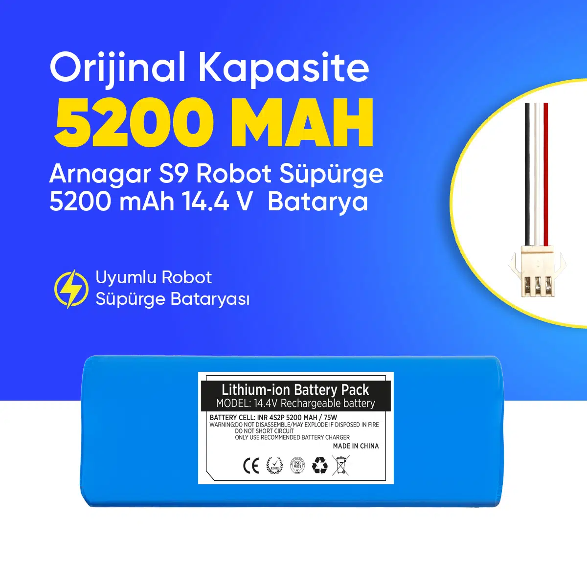 Arnagar S9 Robot Süpürge 5200 mAh 14.4 V Batarya – Orjinal Uyumlu Uzun Ömürlü, Yüksek Performans Pil