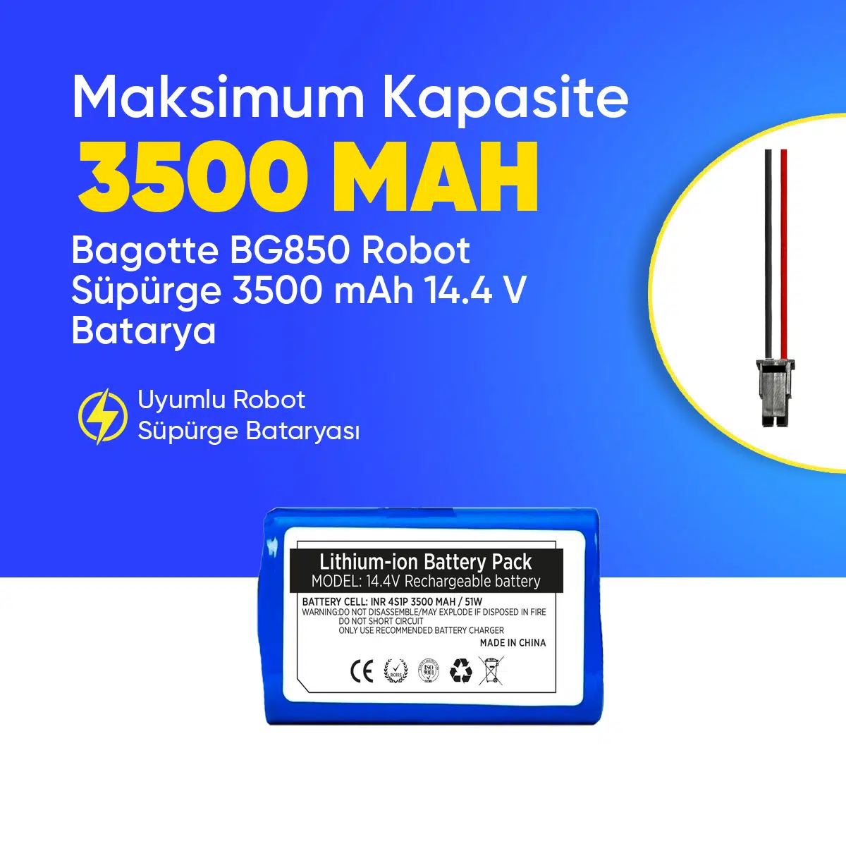 Bagotte BG850 Robot Süpürge 3500 mAh 14.4 V Batarya – Orjinal Uyumlu Uzun Ömürlü, Yüksek Performans Pil
