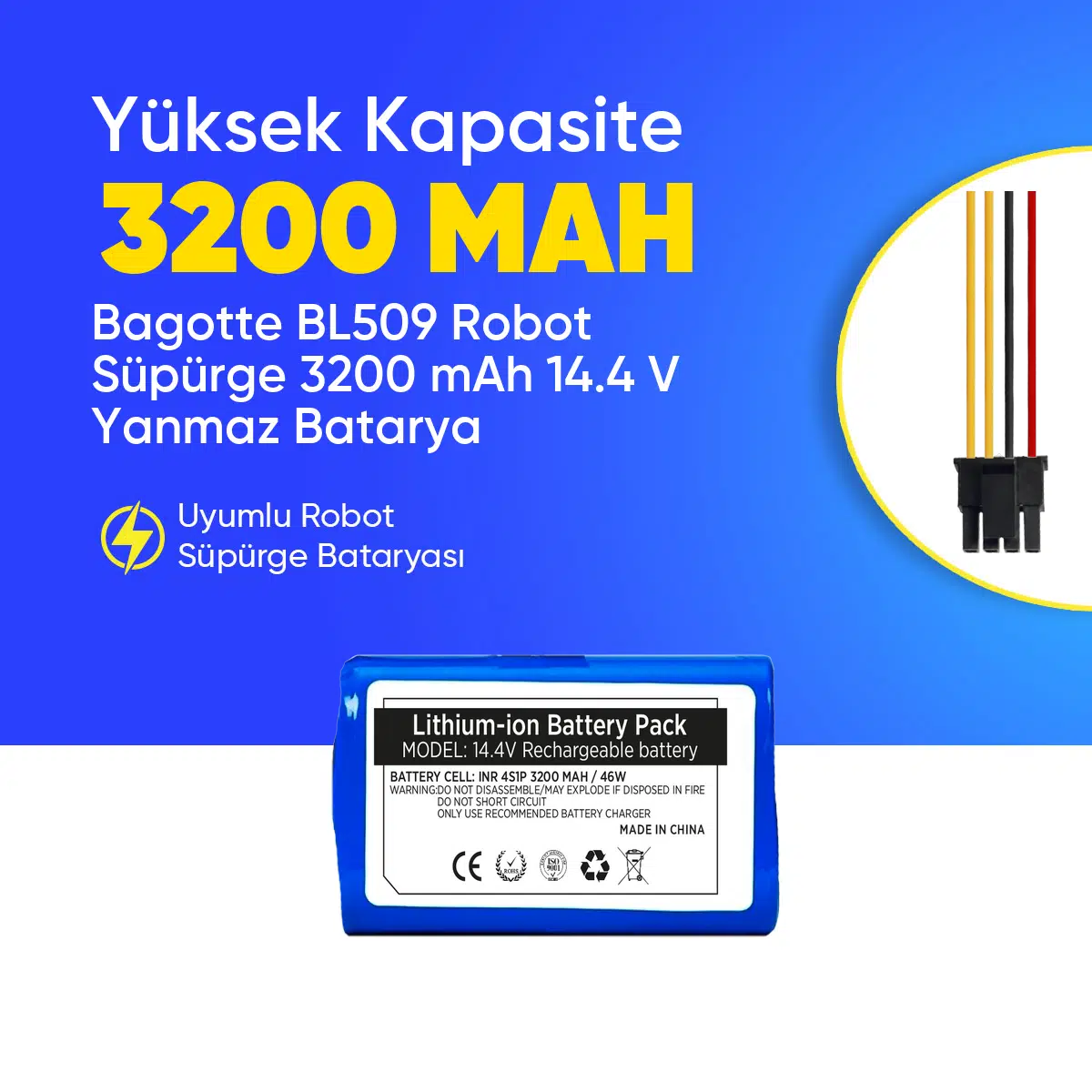 Bagotte BL509 Robot Süpürge 3200 mAh 14.4 V Yanmaz Batarya – Orjinal Uyumlu Uzun Ömürlü, Yüksek Performans Pil