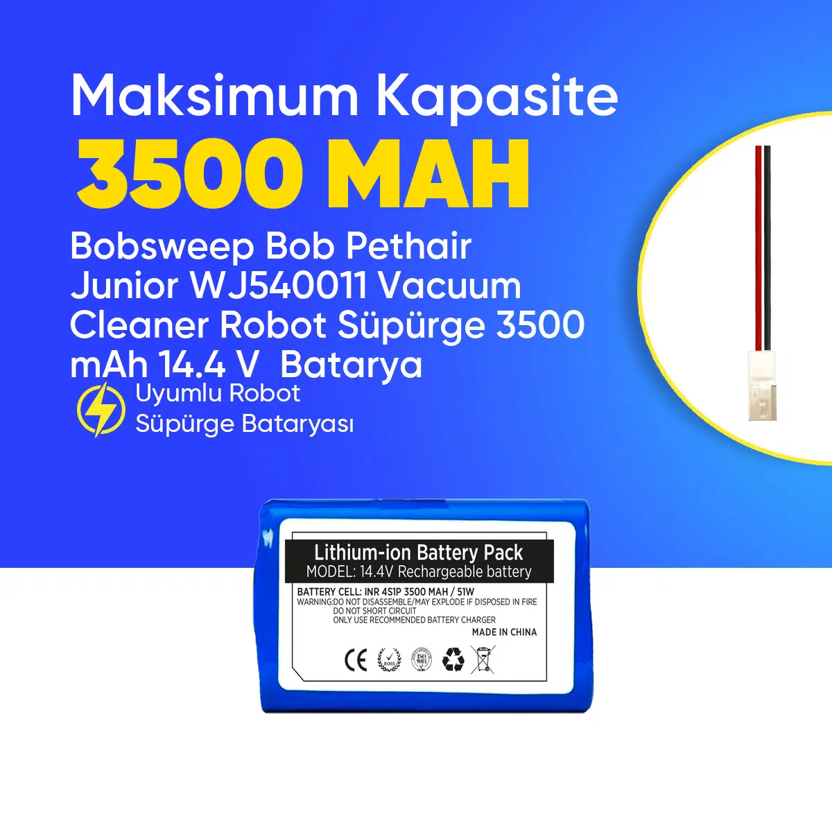 Bobsweep Bob Pethair Junior WJ540011 Vacuum Cleaner Robot Süpürge 3500 mAh 14.4 V Batarya – Orjinal Uyumlu Uzun Ömürlü, Yüksek Performans Pil