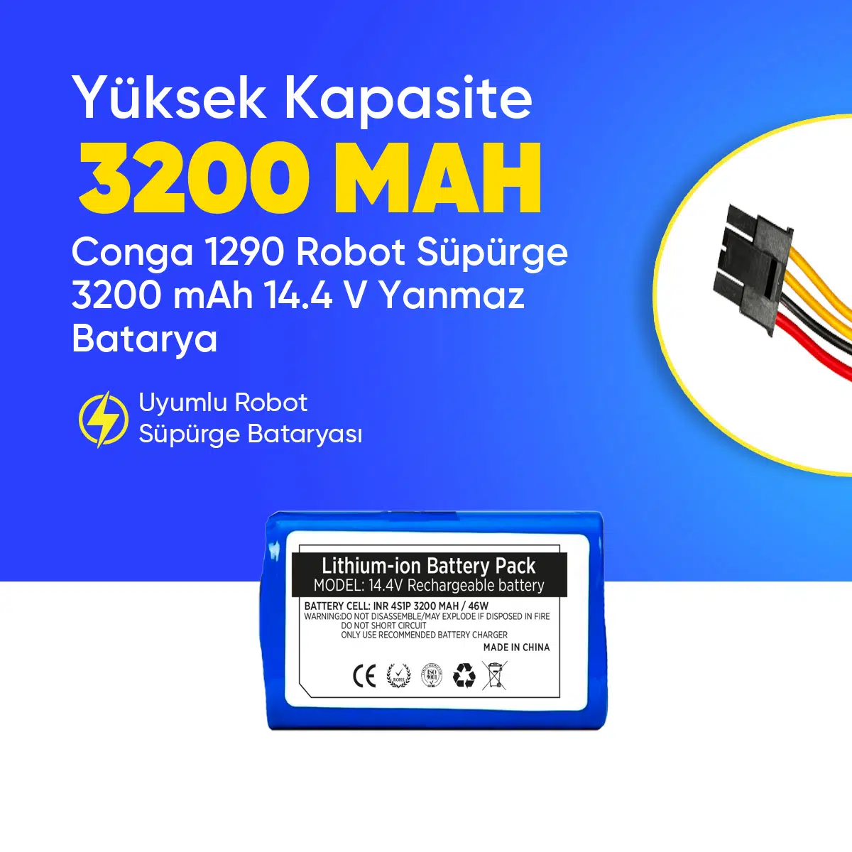 Conga 1290 Robot Süpürge 3200 mAh 14.4 V, Yanmaz Batarya – Orjinal Uyumlu Uzun Ömürlü, Yüksek Performans Pil