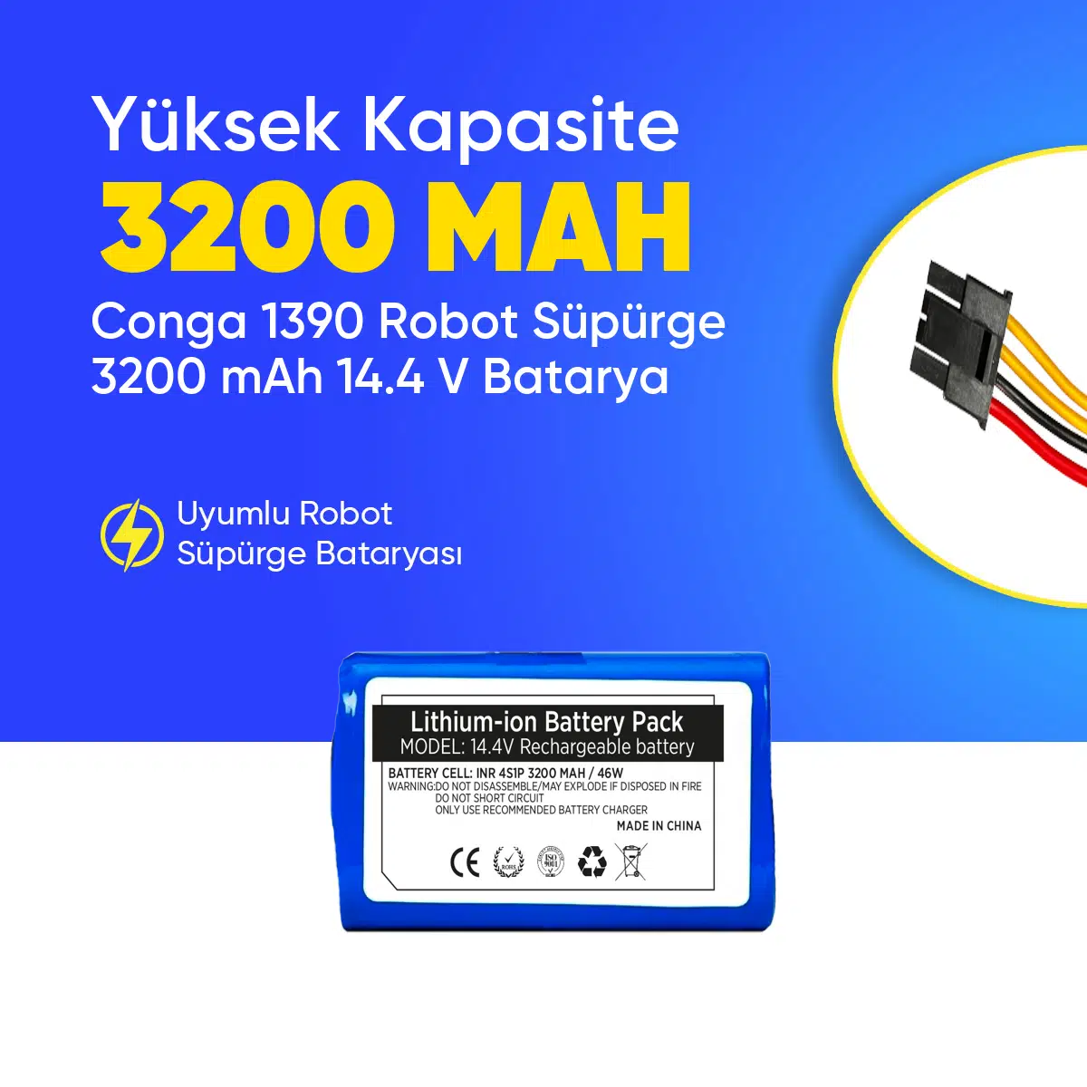 Conga 1390 Robot Süpürge 3200 mAh 14.4 V, Batarya – Orjinal Uyumlu Uzun Ömürlü, Yüksek Performans Pil