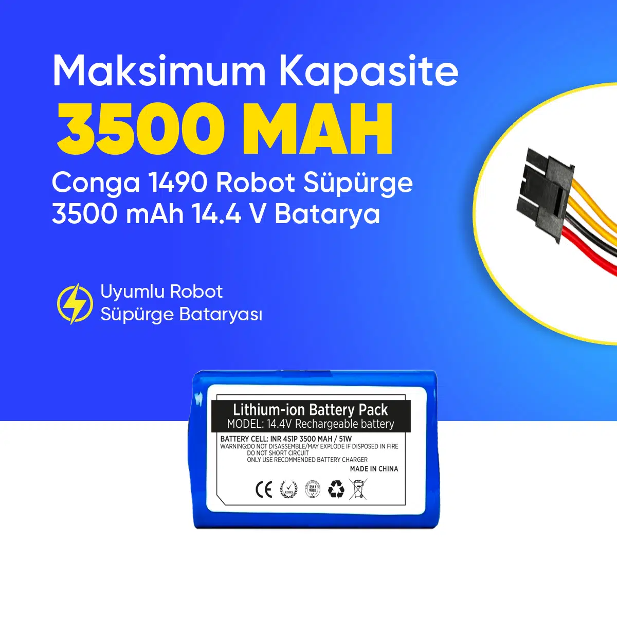 Conga 1490 Robot Süpürge 3500 mAh 14.4 V, Batarya – Orjinal Uyumlu Uzun Ömürlü, Yüksek Performans Pil