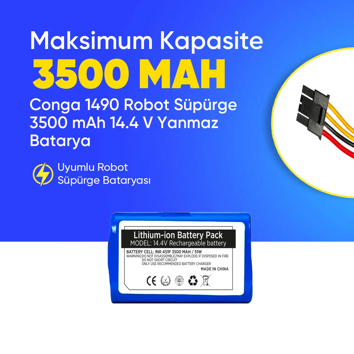 Conga 1490 Robot Süpürge 3500 mAh 14.4 V, Yanmaz Batarya – Orjinal Uyumlu Uzun Ömürlü, Yüksek Performans Pil
