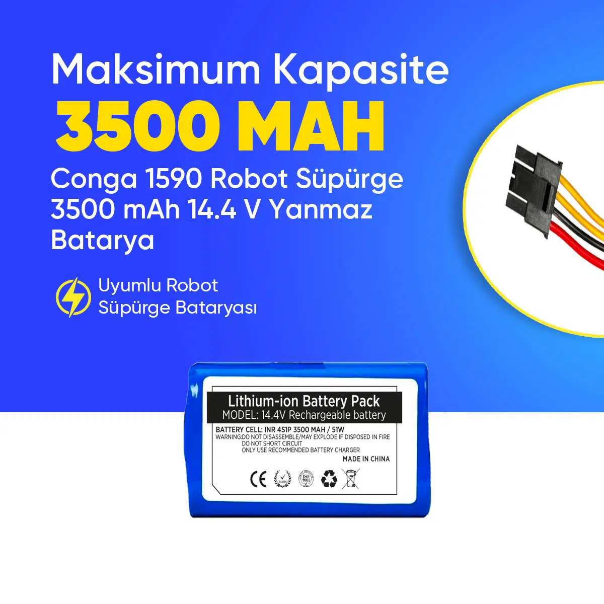 Conga 1590 Robot Süpürge 3500 mAh 14.4 V, Yanmaz Batarya – Orjinal Uyumlu Uzun Ömürlü, Yüksek Performans Pil