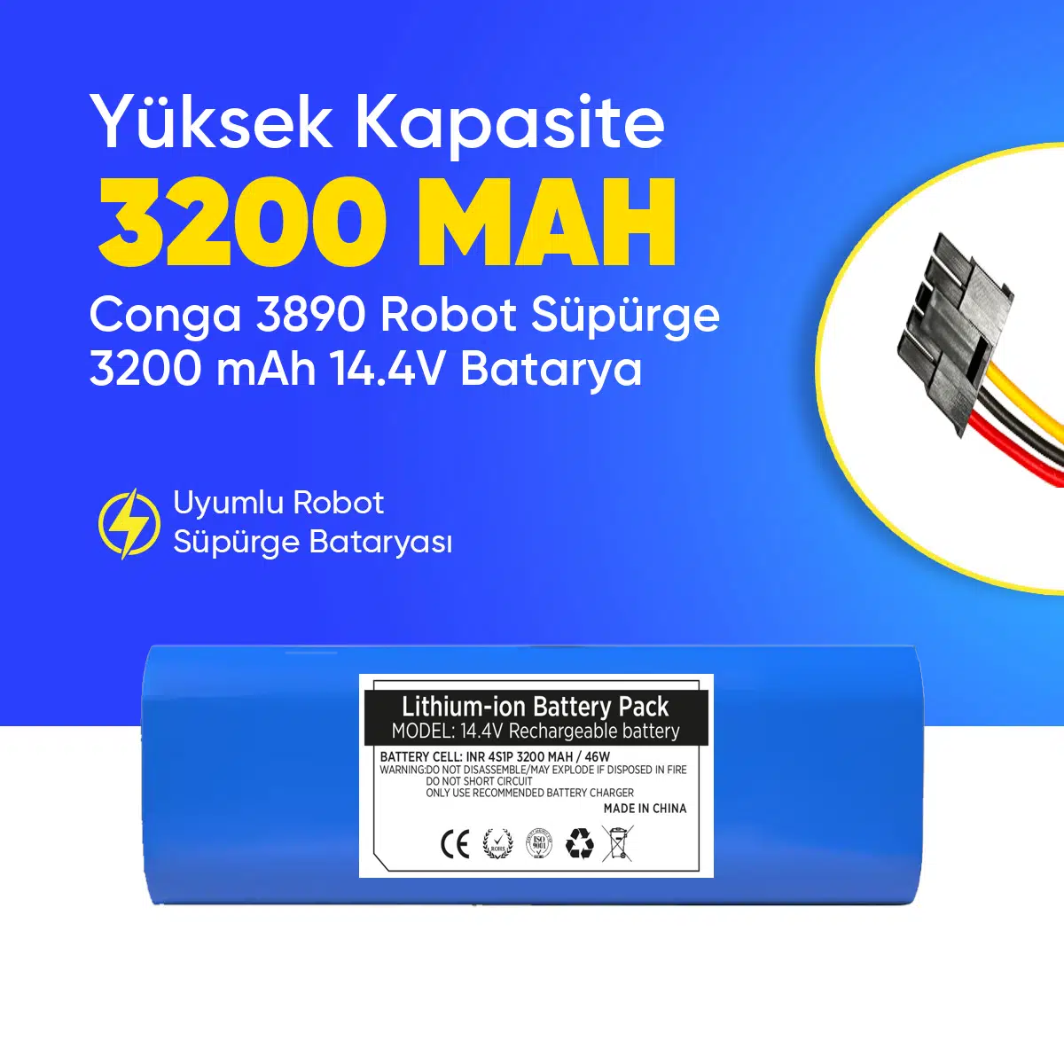 Conga 3890 Robot Süpürge 3200 mAh 14.4 V, Batarya – Orjinal Uyumlu Uzun Ömürlü, Yüksek Performans Pil