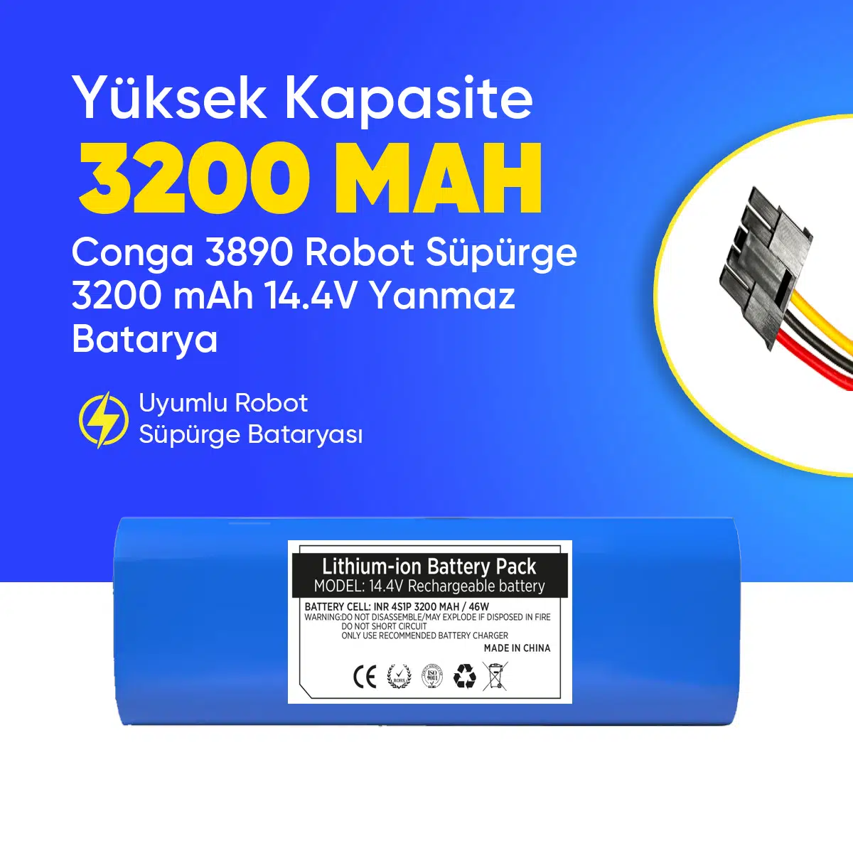 Conga 3890 Robot Süpürge 3200 mAh 14.4 V, Yanmaz Batarya – Orjinal Uyumlu Uzun Ömürlü, Yüksek Performans Pil