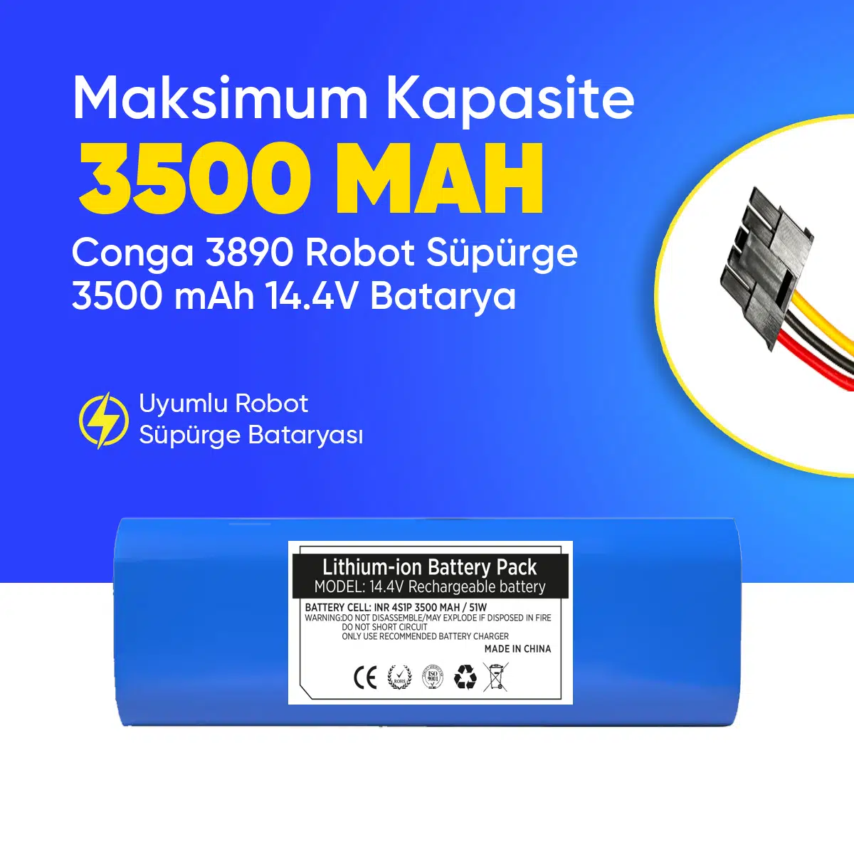 Conga 3890 Robot Süpürge 3500 mAh 14.4 V, Batarya – Orjinal Uyumlu Uzun Ömürlü, Yüksek Performans Pil