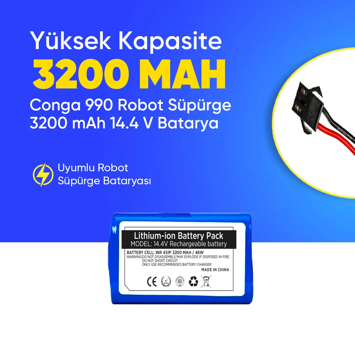 Conga 990 Robot Süpürge 3200 mAh 14.4 V, Batarya – Orjinal Uyumlu Uzun Ömürlü, Yüksek Performans Pil