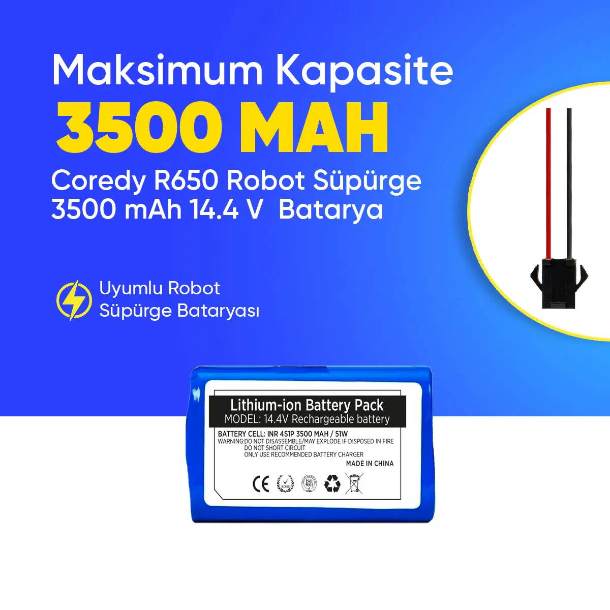 Coredy R650 Robot Süpürge 3500 mAh 14.4 V Batarya – Orjinal Uyumlu Uzun Ömürlü, Yüksek Performans Pil