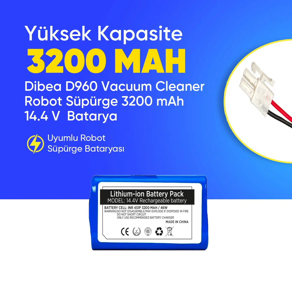Dibea D960 Vacuum Cleaner Robot Süpürge 3200 mAh 14.4 V Batarya – Orjinal Uyumlu Uzun Ömürlü, Yüksek Performans Pil