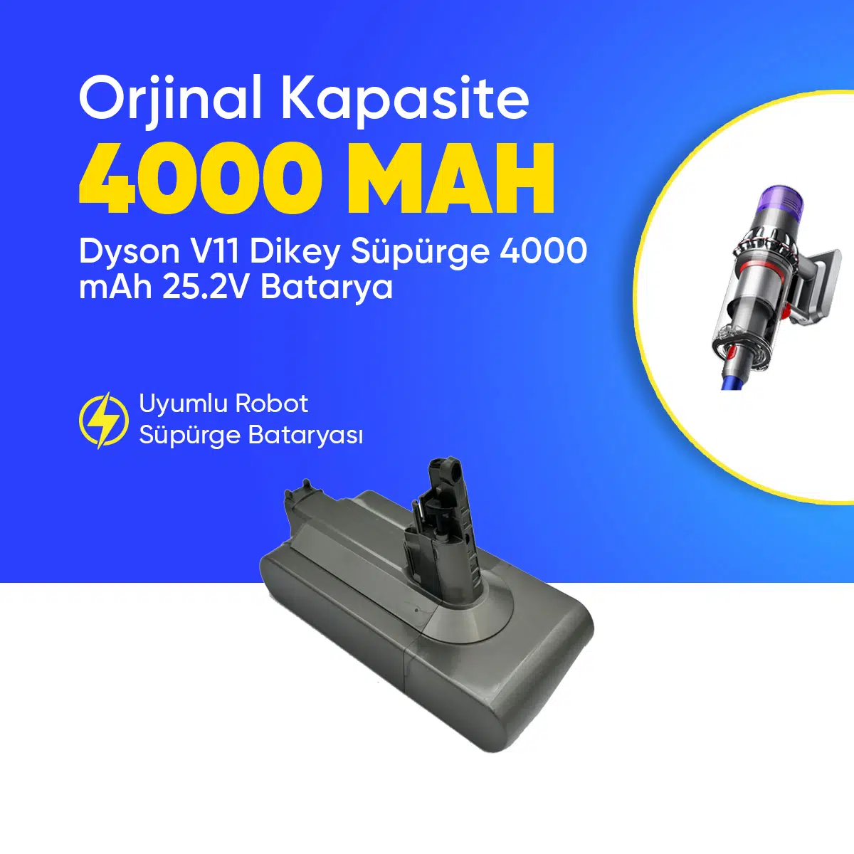 Dyson V11 Dikey Süpürge 4000 mAh 25.2 V Batarya – Orjinal Uyumlu Uzun Ömürlü, Yüksek Performans Pil