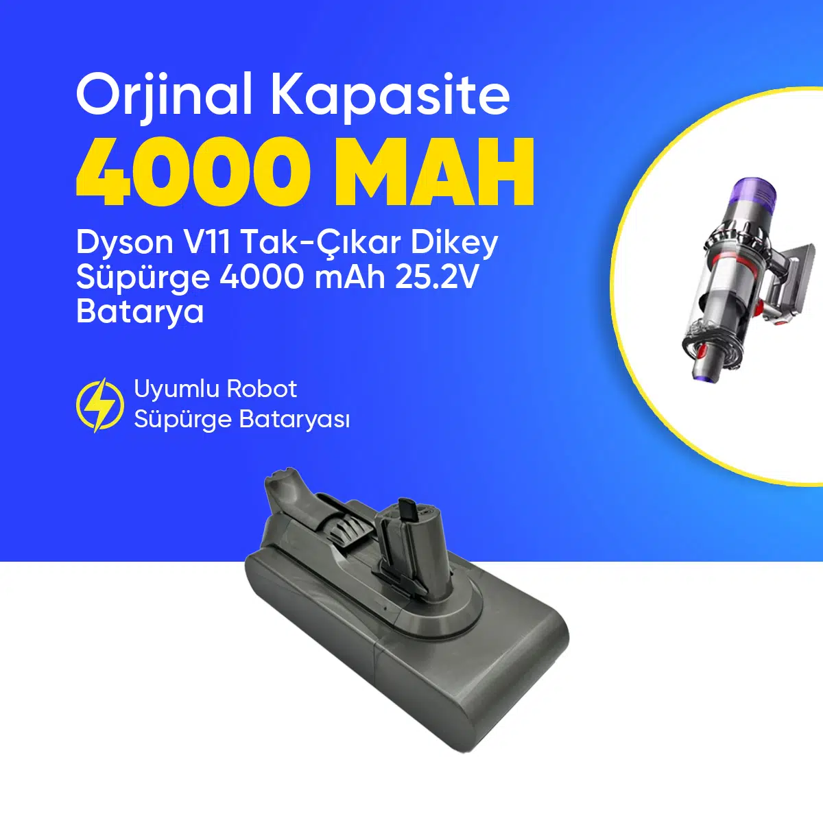 Dyson V11 Tak-Çıkar Dikey Süpürge 4000 mAh 25.2 V Batarya – Orjinal Uyumlu Uzun Ömürlü, Yüksek Performans Pil