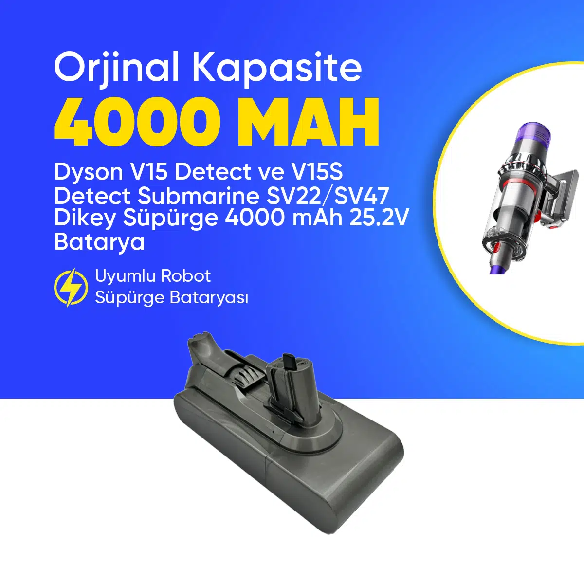 Dyson V15 Detect ve V15S Detect Submarine SV22/SV47 Dikey Süpürge 4000 mAh 25.2 V Batarya – Orjinal Uyumlu Uzun Ömürlü, Yüksek Performans Pil
