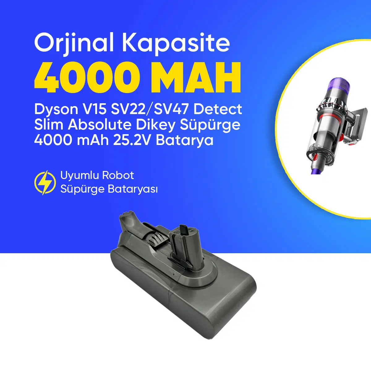 Dyson V15 SV22/SV47 Detect Slim Absolute Dikey Süpürge 4000 mAh 25.2 V Batarya – Orjinal Uyumlu Uzun Ömürlü