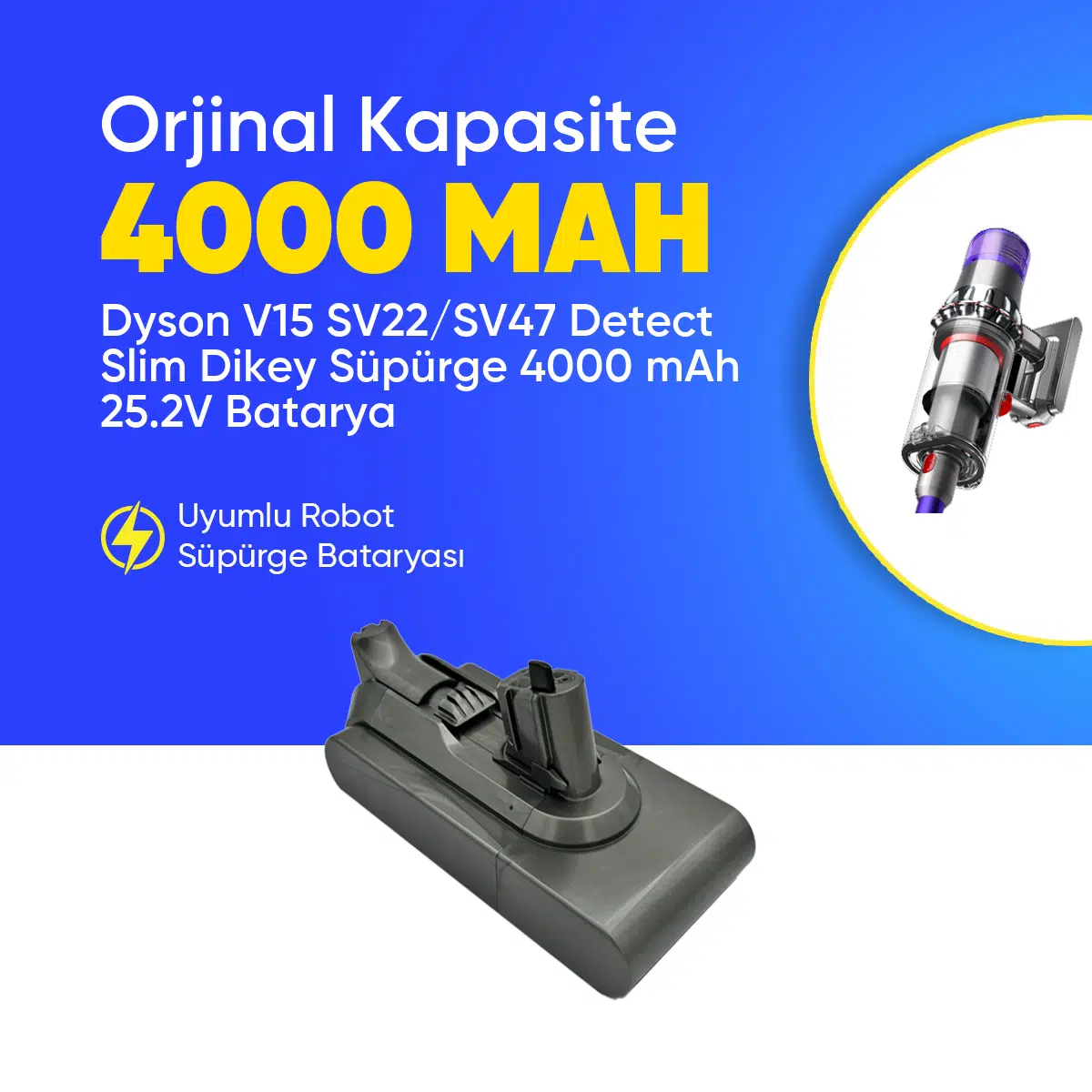 Dyson V15 SV22/SV47 Detect Slim Dikey Süpürge 4000 mAh 25.2 V Batarya – Orjinal Uyumlu Uzun Ömürlü, Yüksek Performans Pil