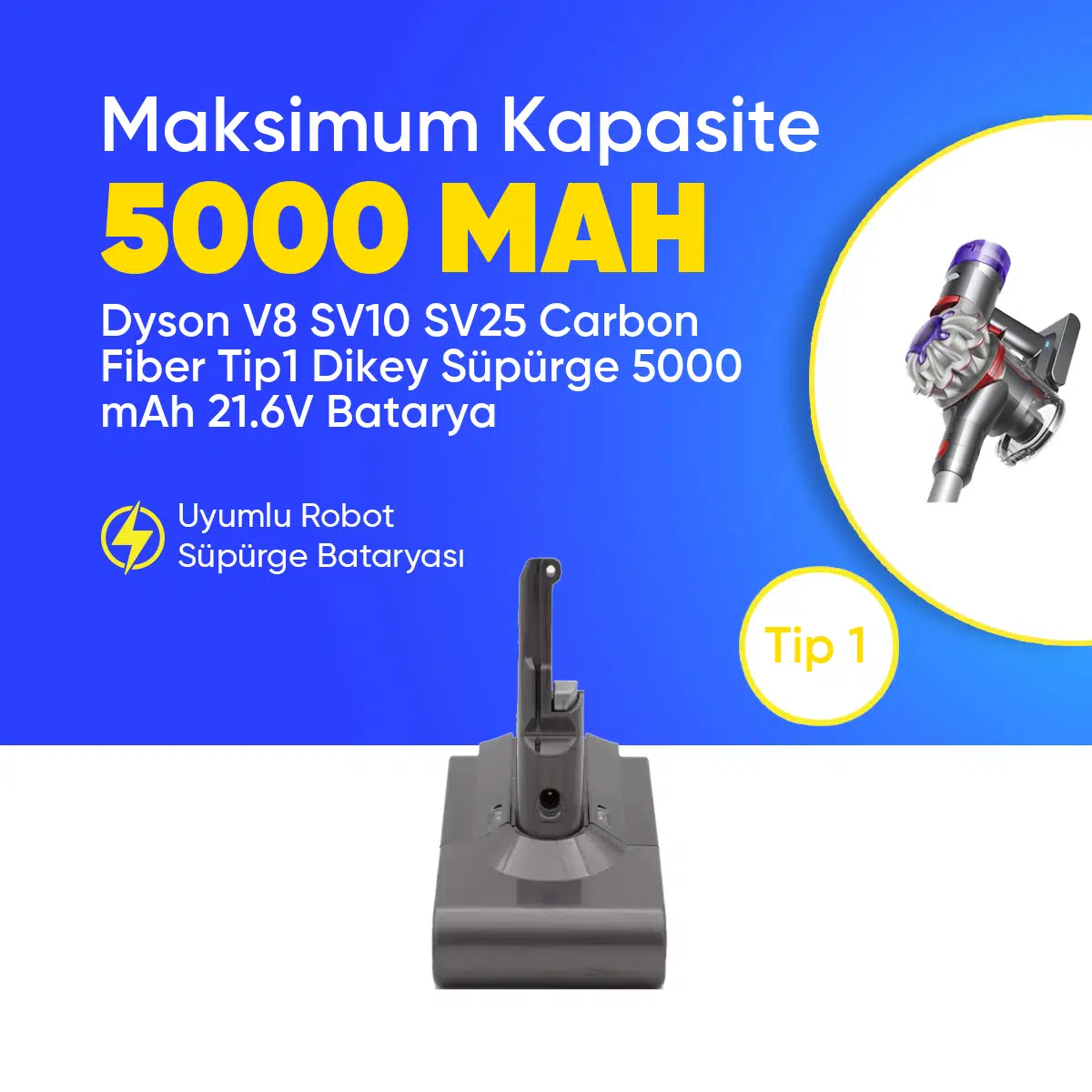 Dyson V8 SV10 SV25 Carbon Fiber Tip1 Dikey Süpürge 5000 mAh 21.6 V Batarya – Orjinal Uyumlu Uzun Ömürlü, Yüksek Performans Pil
