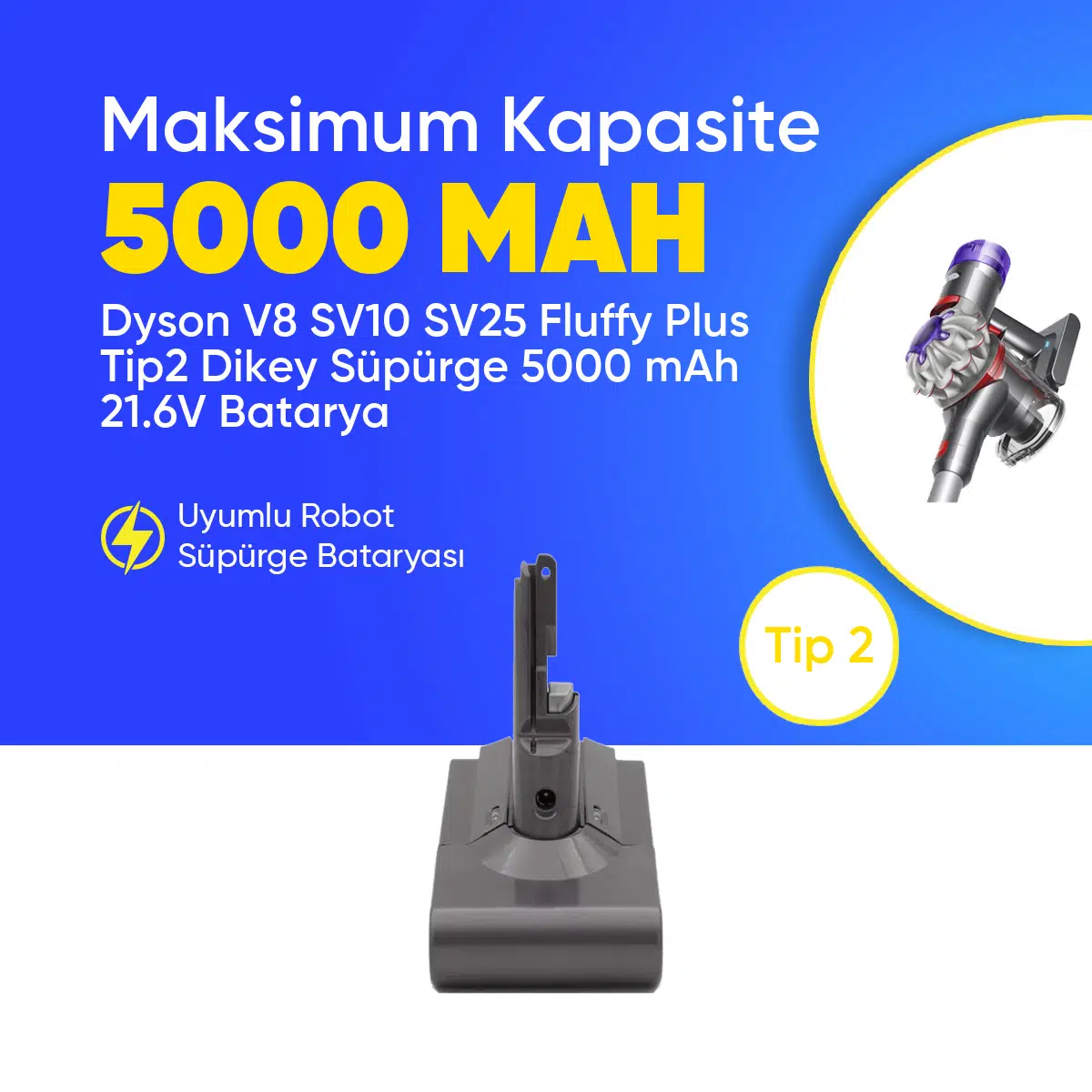 Dyson V8 SV10 SV25 Fluffy Plus Tip2 Dikey Süpürge 5000 mAh 21.6 V Batarya – Orjinal Uyumlu Uzun Ömürlü, Yüksek Performans Pil
