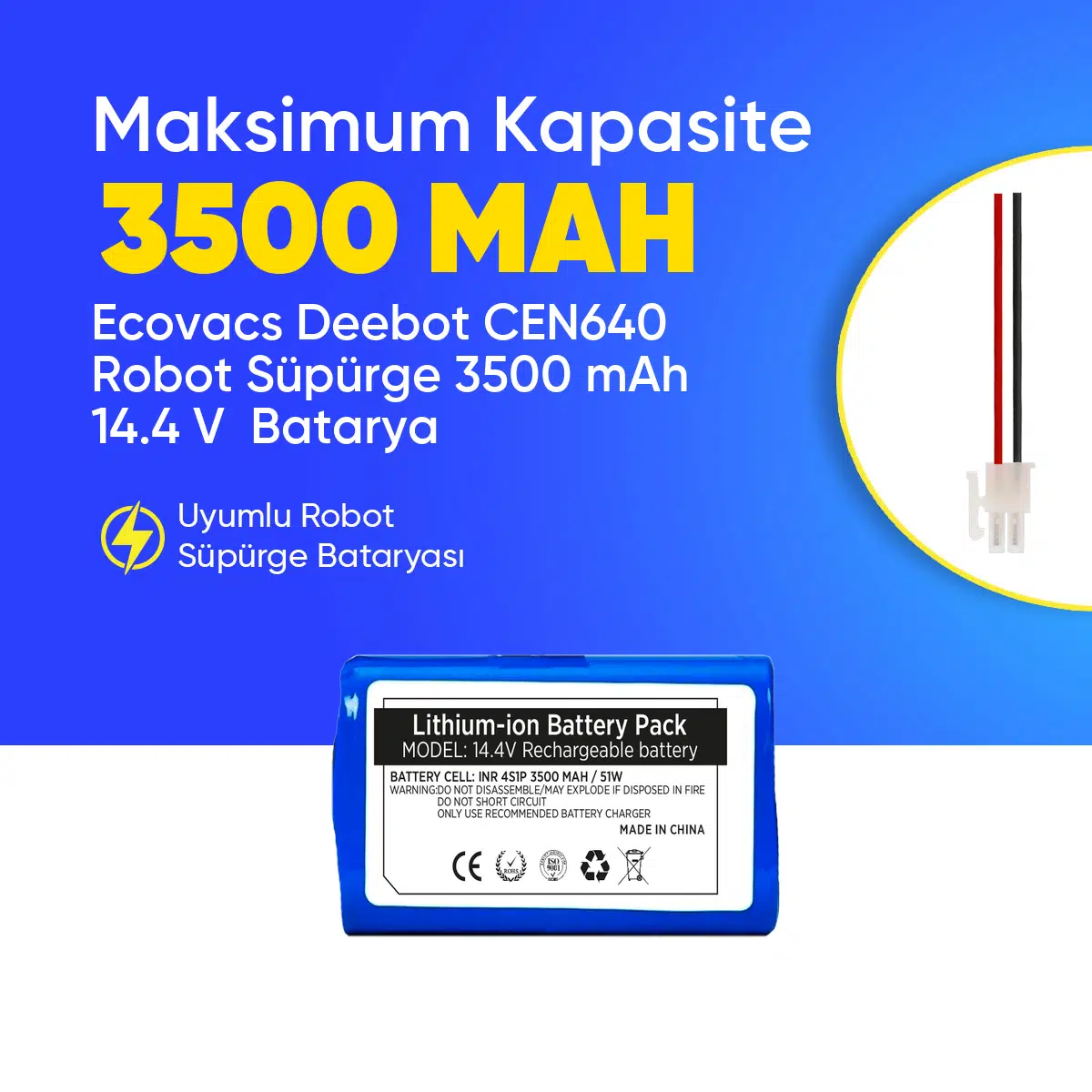 Ecovacs Deebot CEN640 Robot Süpürge 3500 mAh 14.4 V Batarya – Orjinal Uyumlu Uzun Ömürlü, Yüksek Performans Pil