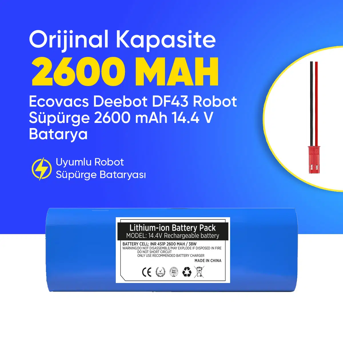 Ecovacs Deebot DF43 Robot Süpürge 2600 mAh 14.4 V Batarya – Orjinal Uyumlu Uzun Ömürlü, Yüksek Performans Pil