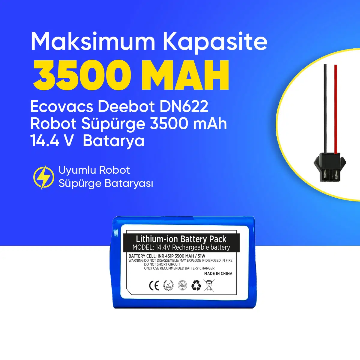 Ecovacs Deebot DN622 Robot Süpürge 3500 mAh 14.4 V Batarya – Orjinal Uyumlu Uzun Ömürlü, Yüksek Performans Pil