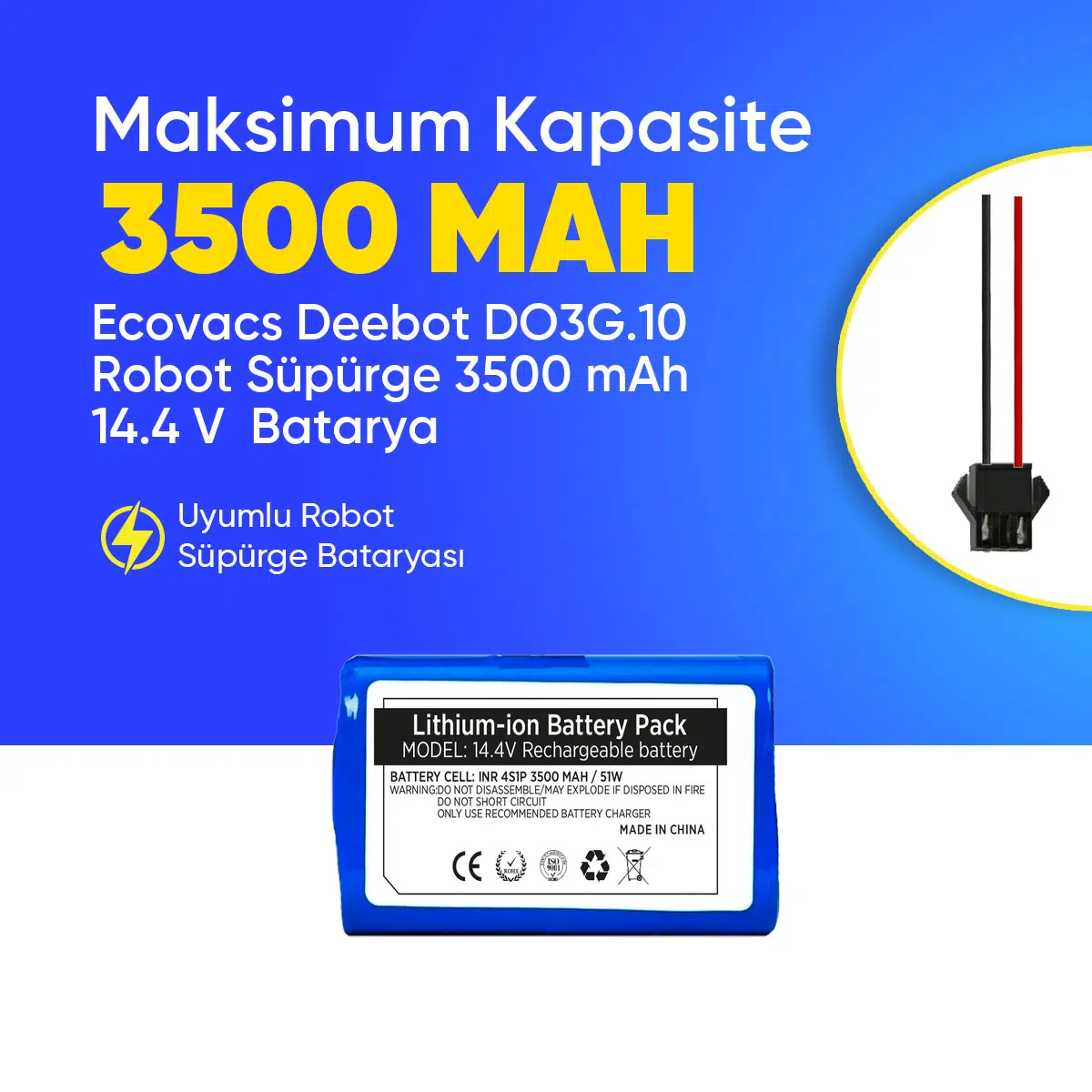 Ecovacs Deebot DO3G.10 Robot Süpürge 3500 mAh 14.4 V Batarya – Orjinal Uyumlu Uzun Ömürlü, Yüksek Performans Pil