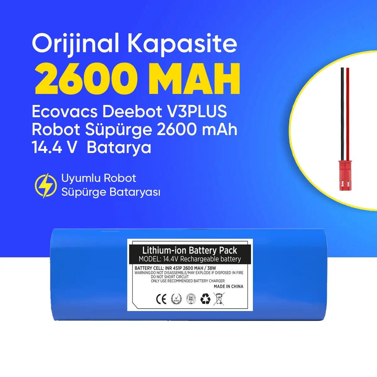 Ecovacs Deebot V3PLUS Robot Süpürge 2600 mAh 14.4 V Batarya – Orjinal Uyumlu Uzun Ömürlü, Yüksek Performans Pil