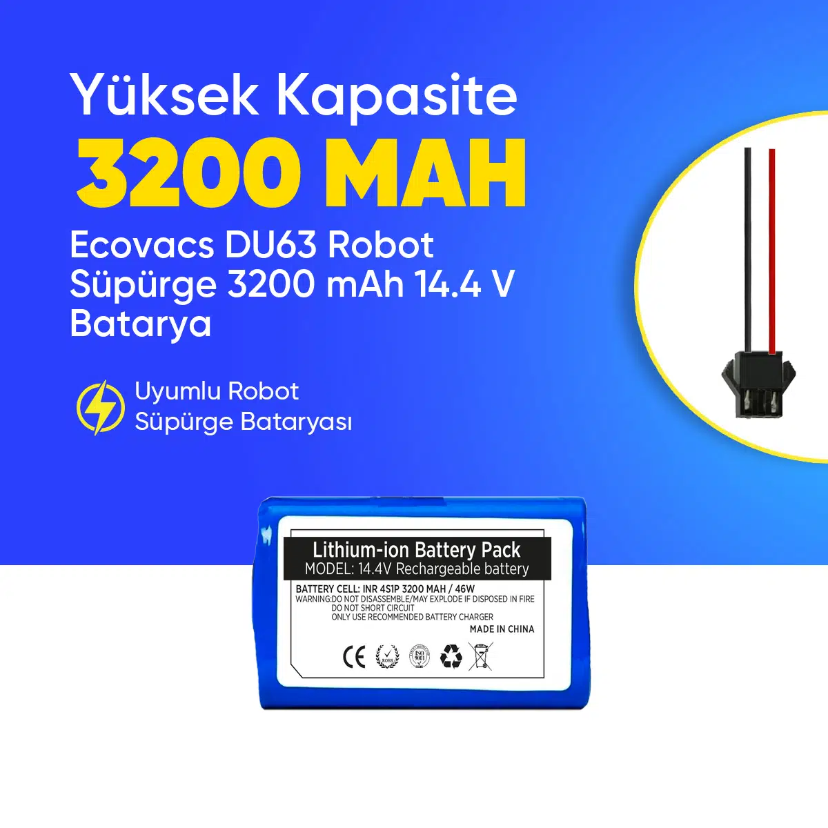 Ecovacs DU63 Robot Süpürge 3200 mAh 14.4 V Batarya – Orjinal Uyumlu Uzun Ömürlü, Yüksek Performans Pil