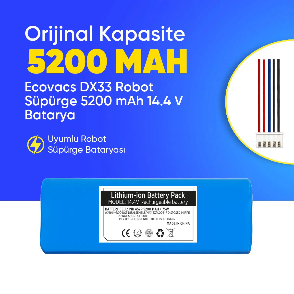 Ecovacs DX33 Robot Süpürge 5200 mAh 14.4 V Batarya – Orjinal Uyumlu Uzun Ömürlü, Yüksek Performans Pil
