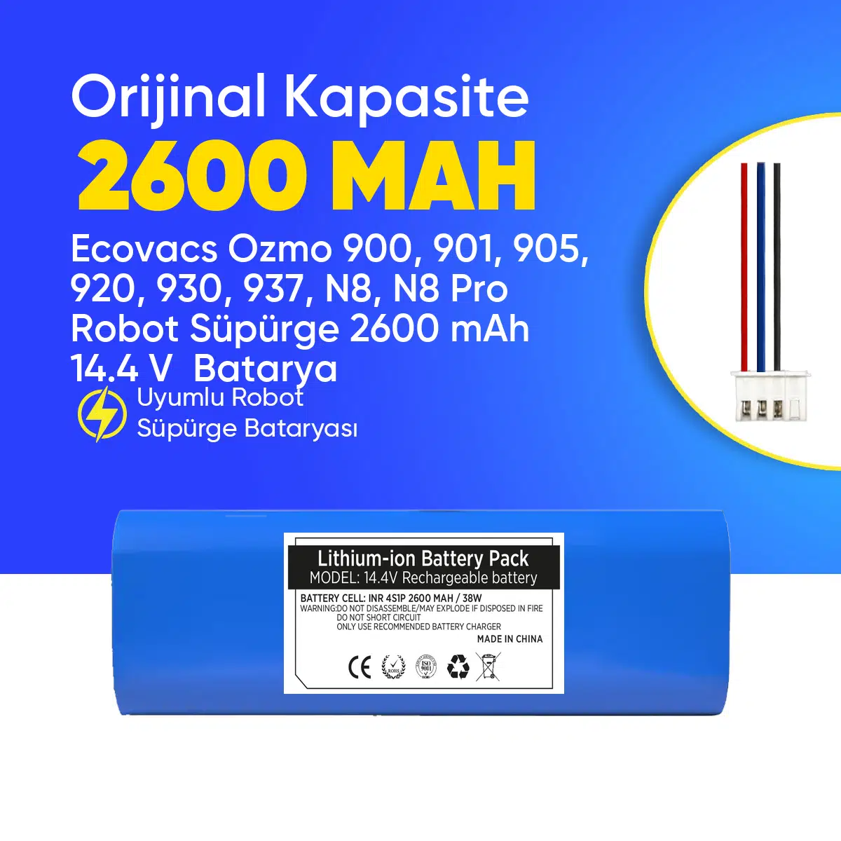 Ecovacs Ozmo 900, 901, 905, 920, 930, 937, N8, N8 Pro Robot Süpürge 2600 mAh 14.4 V Batarya – Orjinal Uyumlu Uzun Ömürlü, Yüksek Performans Pil