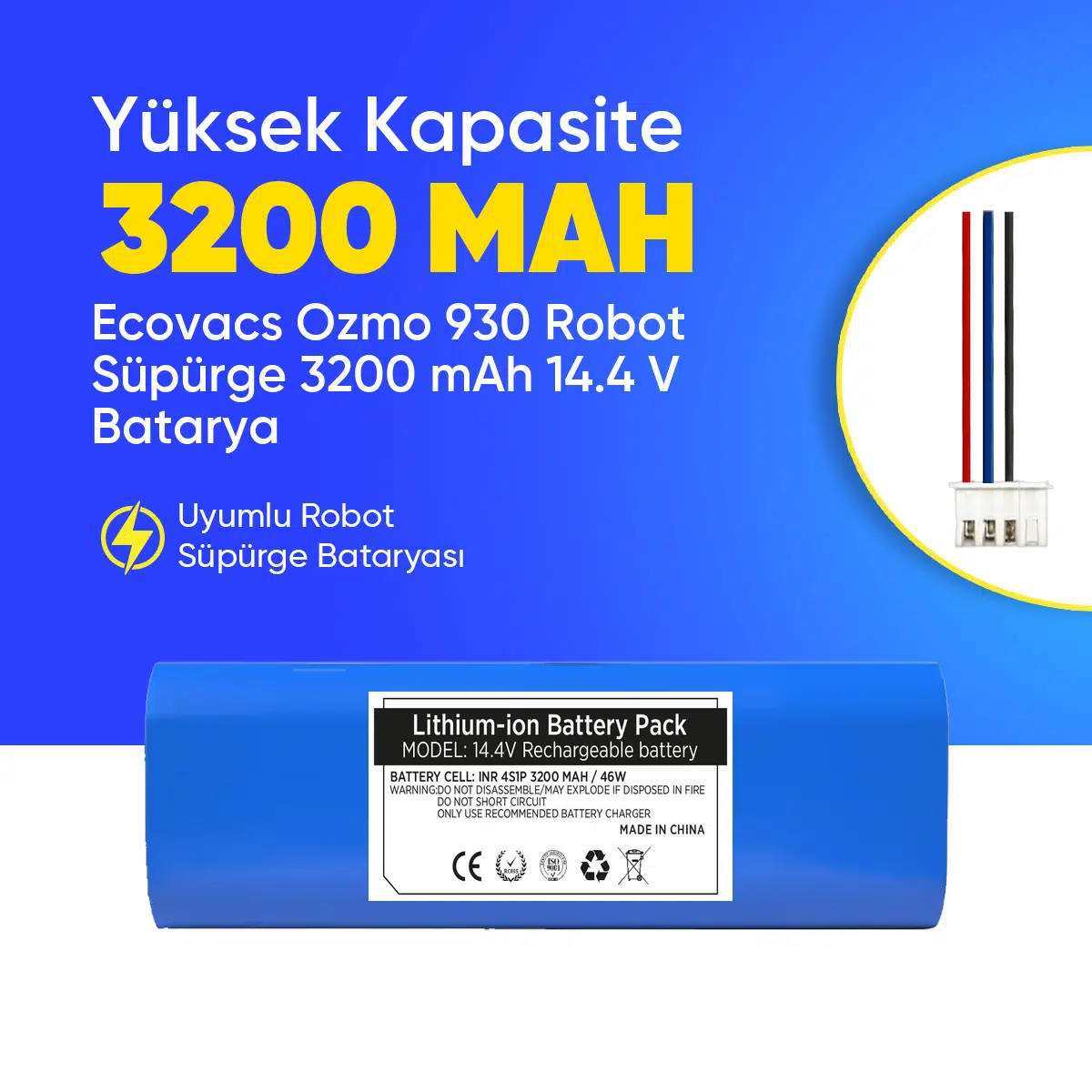 Ecovacs Ozmo 930 Robot Süpürge 3200 mAh 14.4 V Batarya – Orjinal Uyumlu Uzun Ömürlü, Yüksek Performans Pil