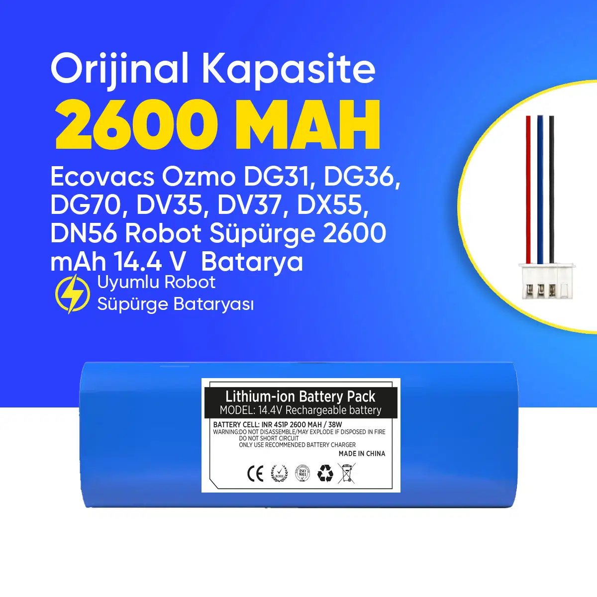 Ecovacs Ozmo DG31, DG36, DG70, DV35, DV37, DX55, DN56 Robot Süpürge 2600 mAh 14.4 V Batarya – Orjinal Uyumlu Uzun Ömürlü, Yüksek Performans Pil