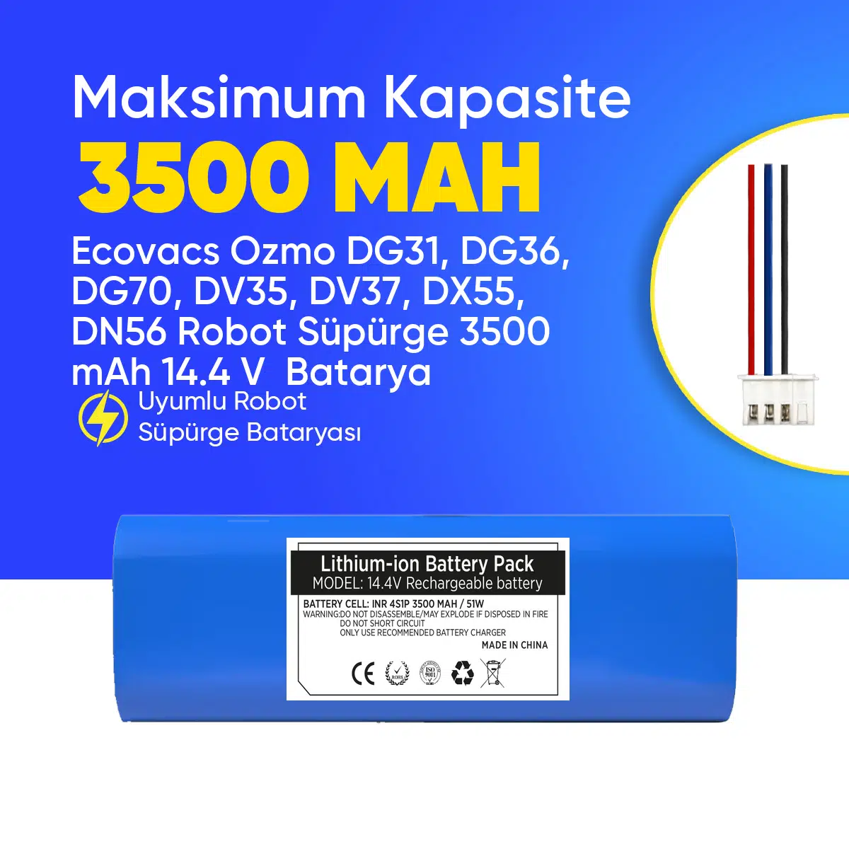 Ecovacs Ozmo DG31, DG36, DG70, DV35, DV37, DX55, DN56 Robot Süpürge 3500 mAh 14.4 V Batarya – Orjinal Uyumlu Uzun Ömürlü, Yüksek Performans Pil