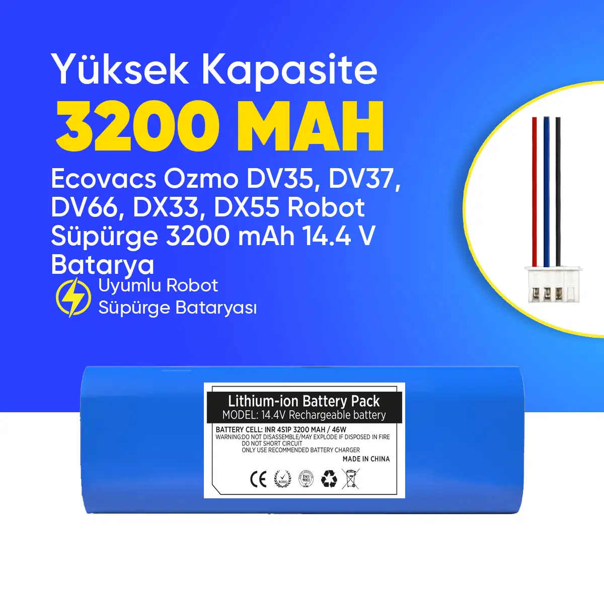 Ecovacs Ozmo DV35, DV37, DV66, DX33, DX55 Robot Süpürge 3200 mAh 14.4 V Batarya – Orjinal Uyumlu Uzun Ömürlü, Yüksek Performans Pil
