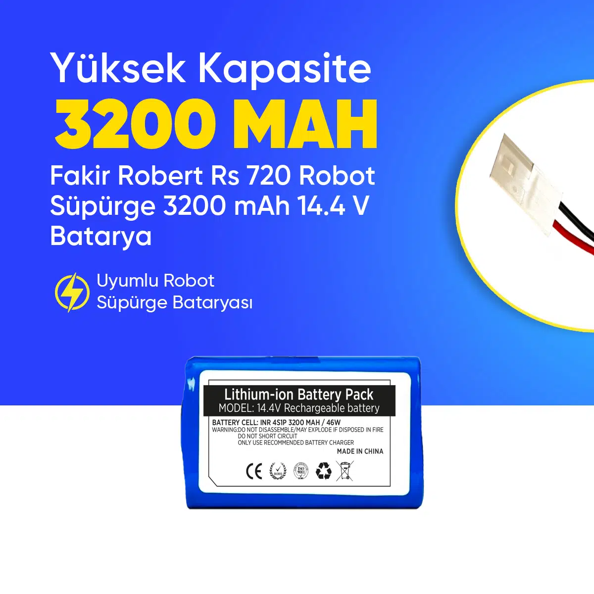 Fakir Robert Rs 720 Robot Süpürge 3200 mAh 14.4 V Batarya – Orjinal Uyumlu Uzun Ömürlü, Yüksek Performans Pil