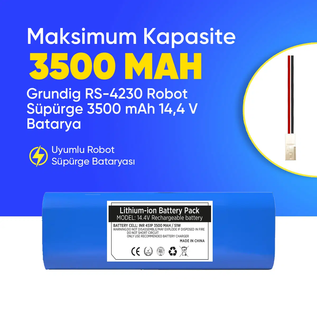 Grundig RS-4230 Robot Süpürge 3500 mAh 14,4 V Batarya – Orjinal Uyumlu Uzun Ömürlü, Yüksek Performans Pil