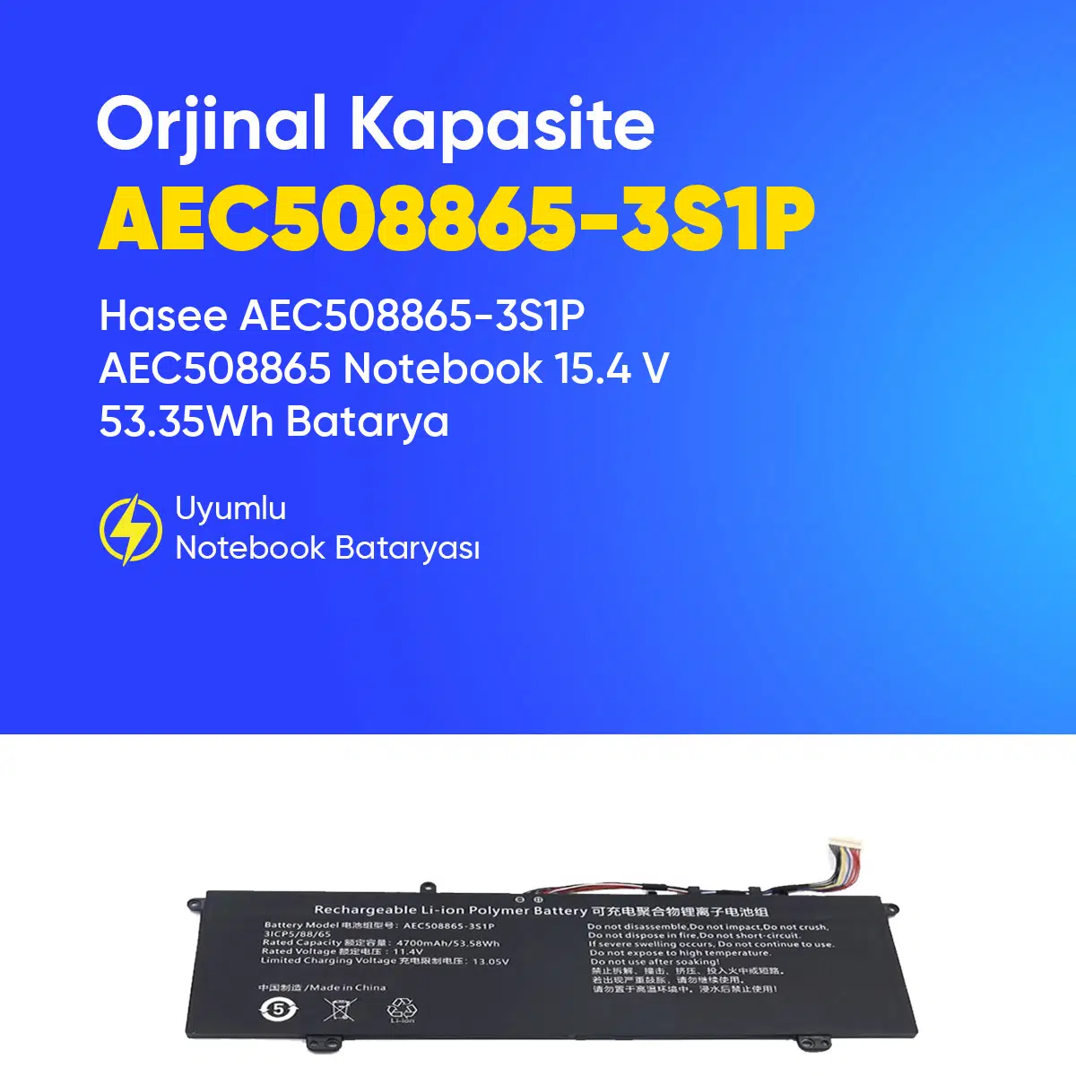 Hasee AEC508865-3S1P AEC508865 Notebook 15.4 V 53.35Wh Batarya – Orjinal Uyumlu, Yüksek Performanslı
