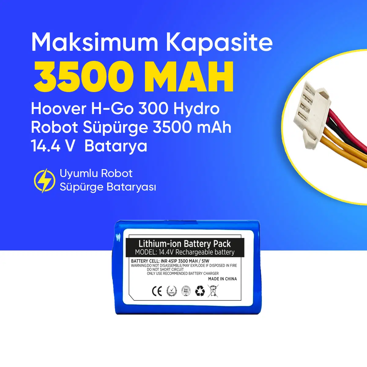 Hoover H-Go 300 Hydro Robot Süpürge 3500 mAh 14.4 V Batarya – Orjinal Uyumlu Uzun Ömürlü, Yüksek Performans Pil